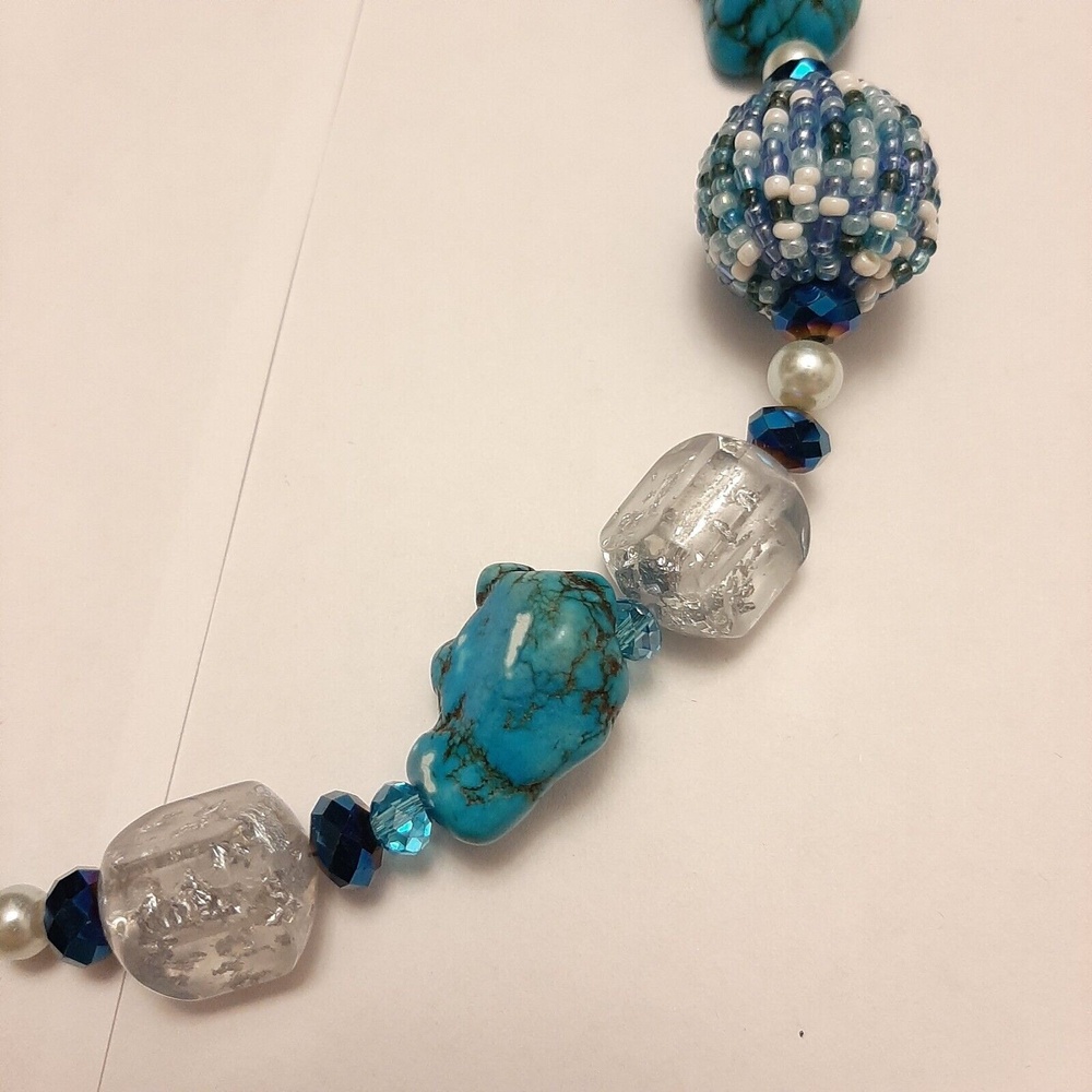 Vintage Chunky Blue Beads with Turquoise Stone Necklace Unique Design - Picture 4 of 5